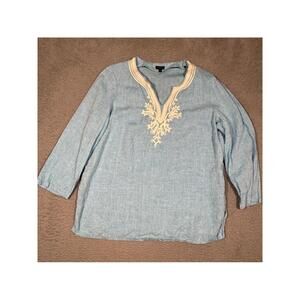 Talbots Blue 100% Linen Shirt V Neck Blouse‎ Large Coastal Grandma Ribbon Decor